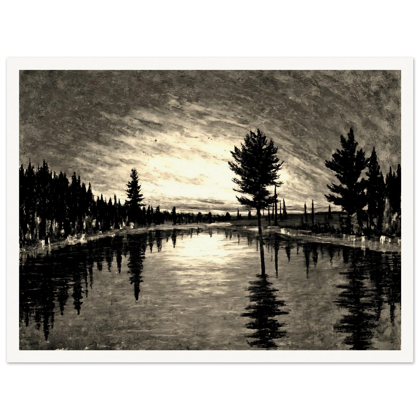 A serene black and white landscape of tall trees reflected in a still river beneath a dimly lit, textured evening sky.