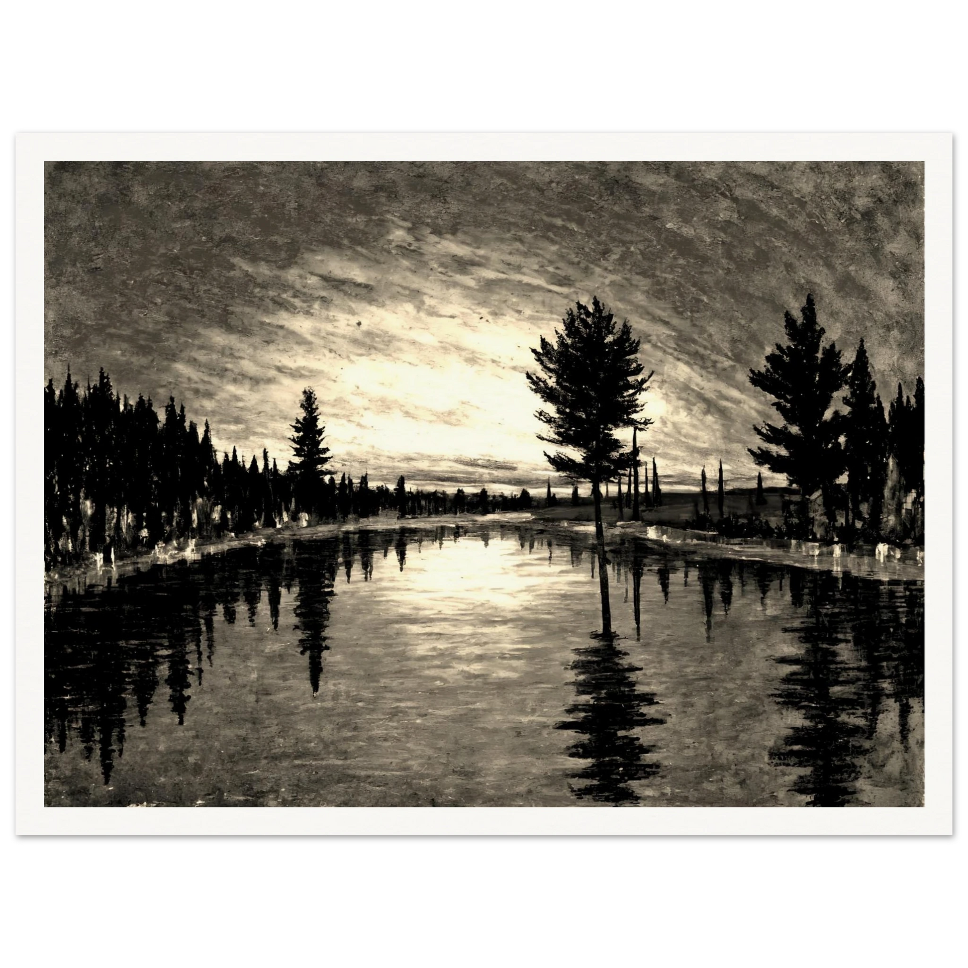 A serene black and white landscape of tall trees reflected in a still river beneath a dimly lit, textured evening sky.