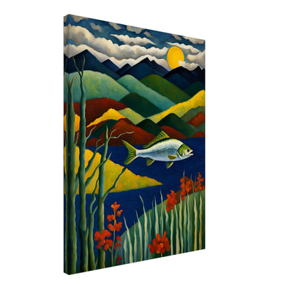 A vibrant fish glides above deep blue waters, surrounded by lush greenery, red flowers, and layered mountains under a glowing moon.