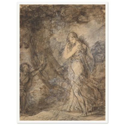 Daphnis runs toward Chloe in a loosely sketched woodland scene, rendered in soft brown and gray washes.