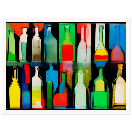 "A vivid and colorful arrangement of bottles in various shapes and sizes, with reflections of bright reds, greens, blues, and yellows."