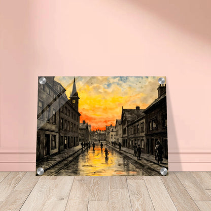 A vintage town street glows beneath a fiery sunset, with wet cobblestones reflecting amber skies and quiet figures walking home.