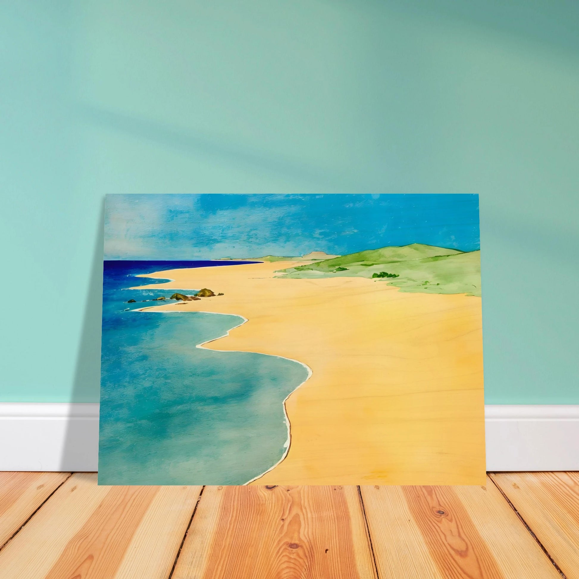 A calm beach scene with golden sand, turquoise waves, and green hills under a bright blue summer sky.