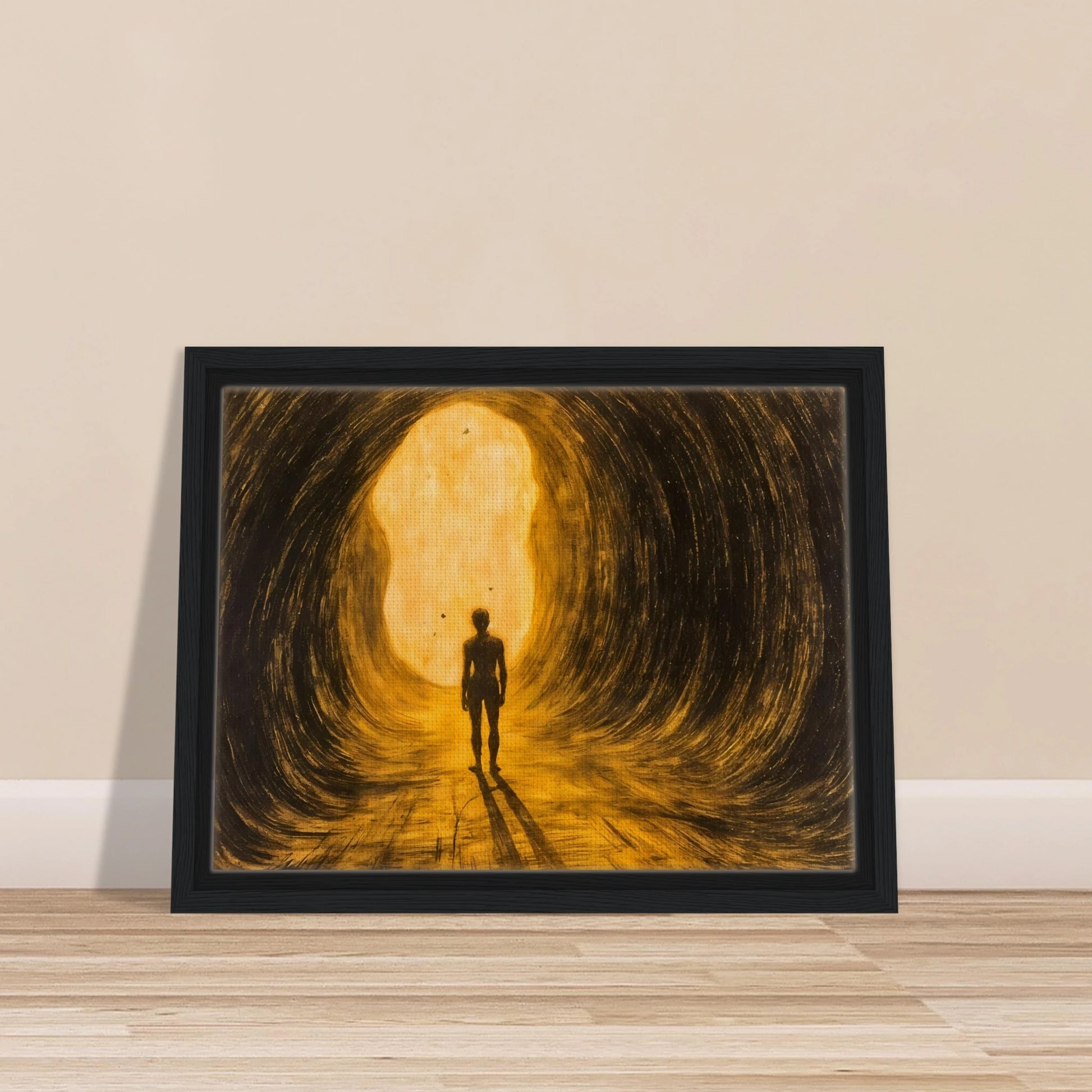 A lone silhouette walks through a glowing golden tunnel, surrounded by sweeping dark textures and radiant light ahead.
