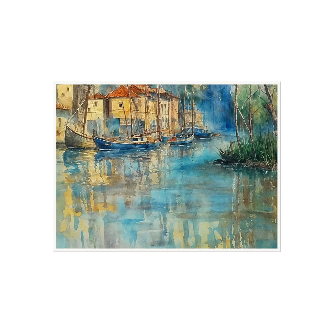 Watercolor painting of boats docked along a calm river near a village with reflections of buildings and trees in the water.