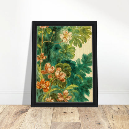 Delicate peach blossoms and layered green leaves drift across a lush teal backdrop, creating a botanical tapestry of softness and movement.