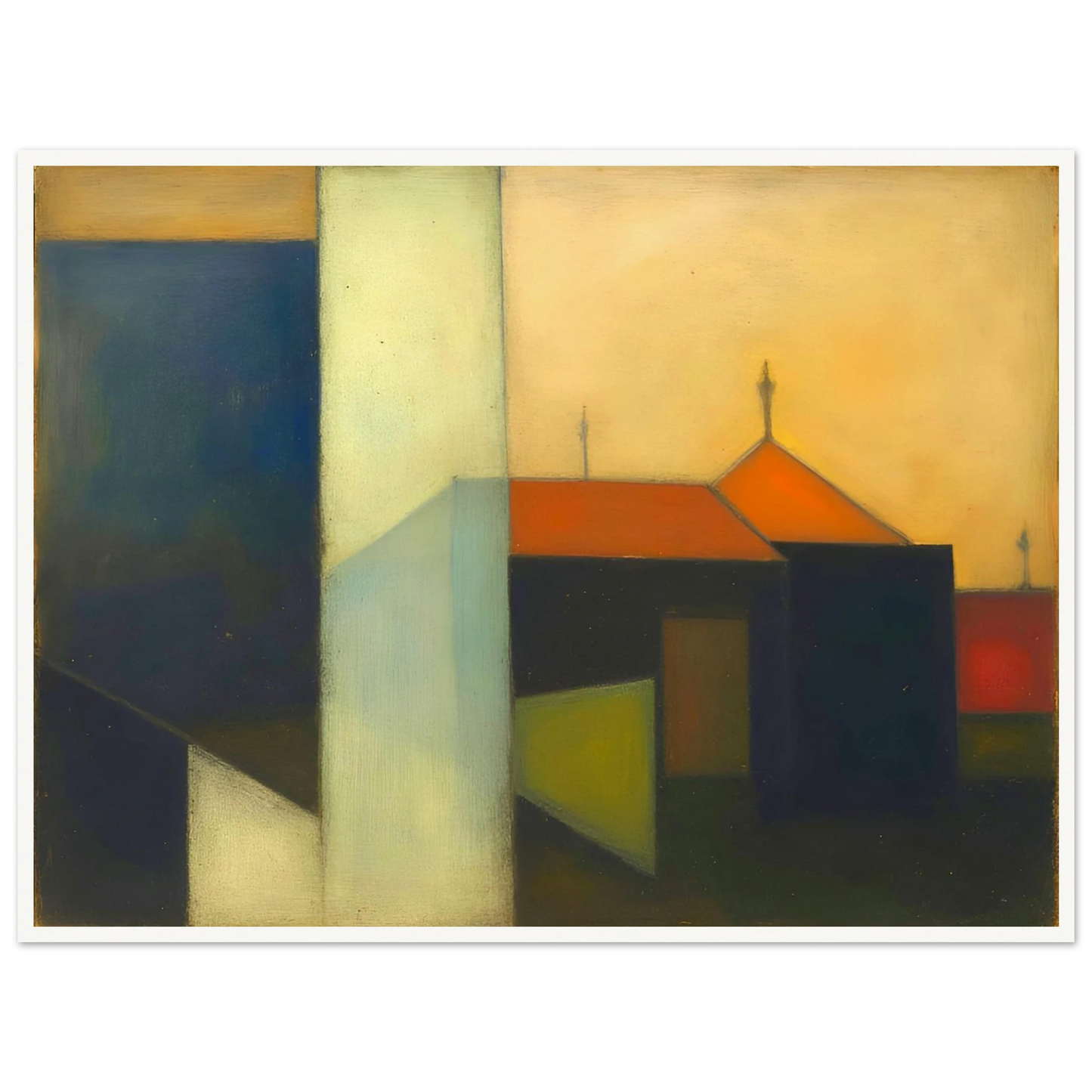 A minimalist expressionist townscape featuring geometric buildings in deep blue, cream, and black tones, accented by warm orange rooftops beneath a glowing golden sky.