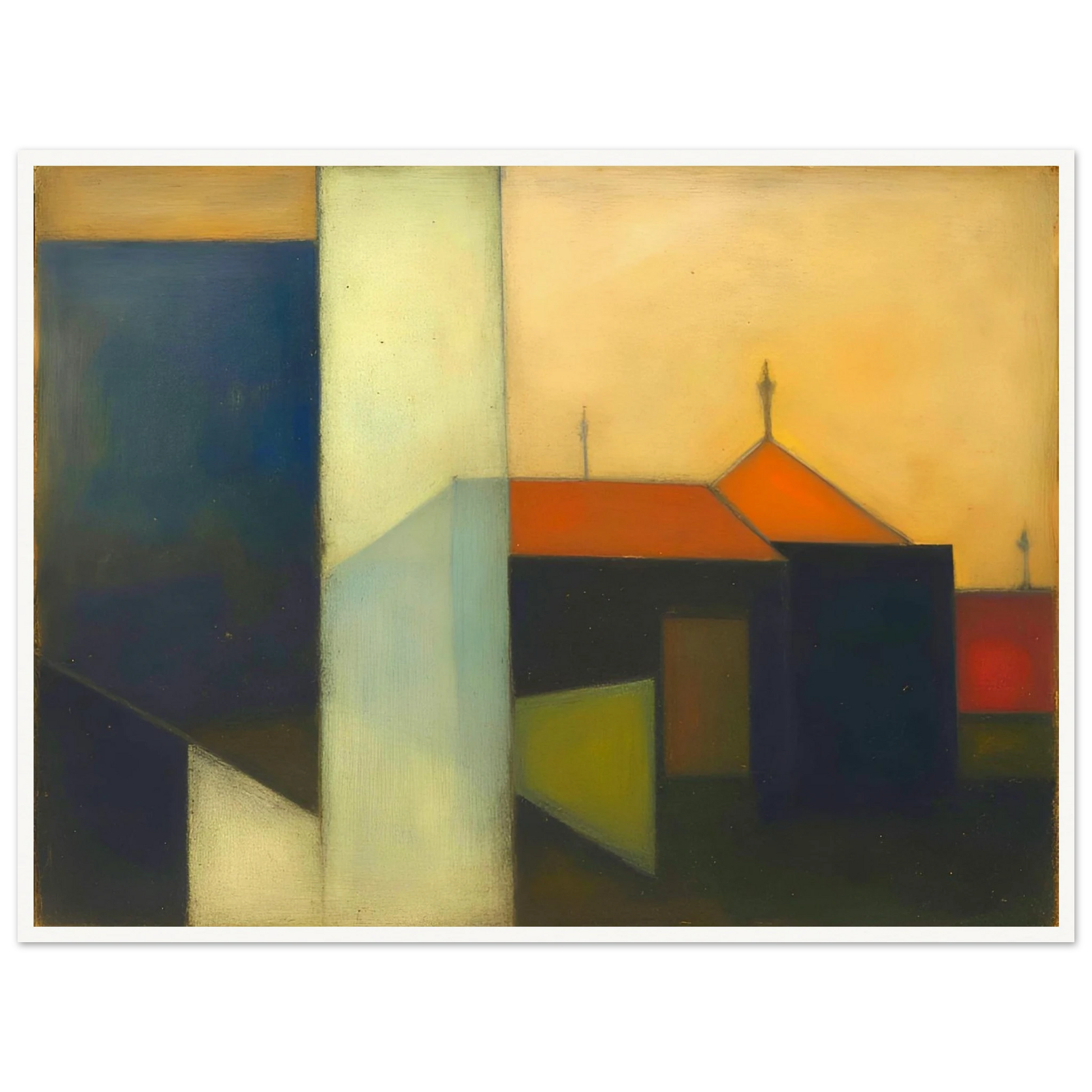 A minimalist expressionist townscape featuring geometric buildings in deep blue, cream, and black tones, accented by warm orange rooftops beneath a glowing golden sky.