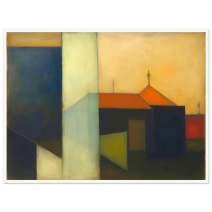A minimalist expressionist townscape featuring geometric buildings in deep blue, cream, and black tones, accented by warm orange rooftops beneath a glowing golden sky.