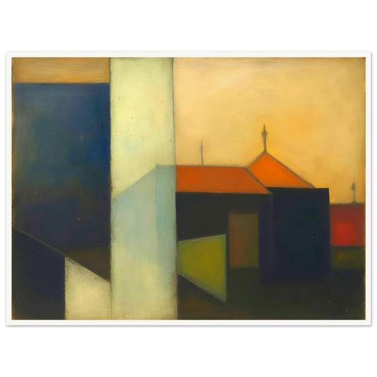 A minimalist expressionist townscape featuring geometric buildings in deep blue, cream, and black tones, accented by warm orange rooftops beneath a glowing golden sky.