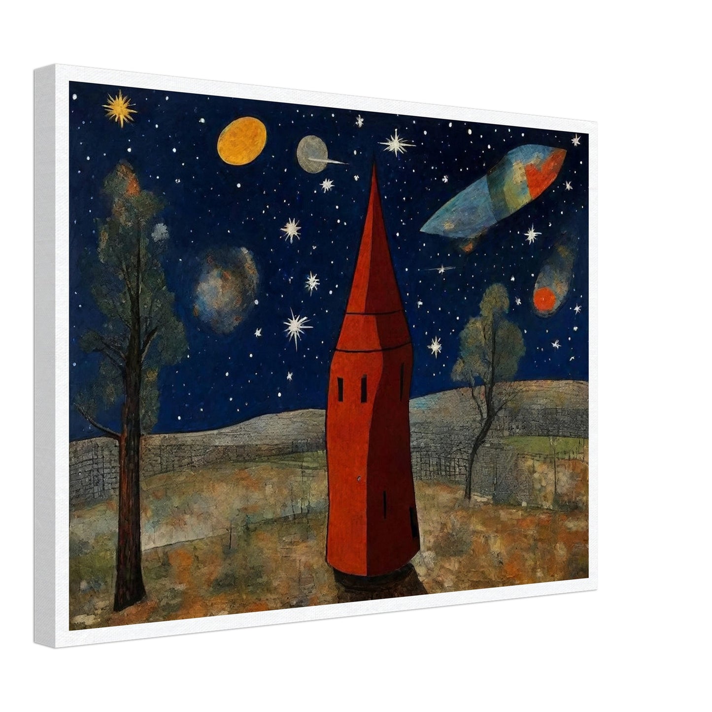 Whimsical scene of a red tower under a starry sky, with planets and a spaceship flying in a cosmic landscape surrounded by trees.