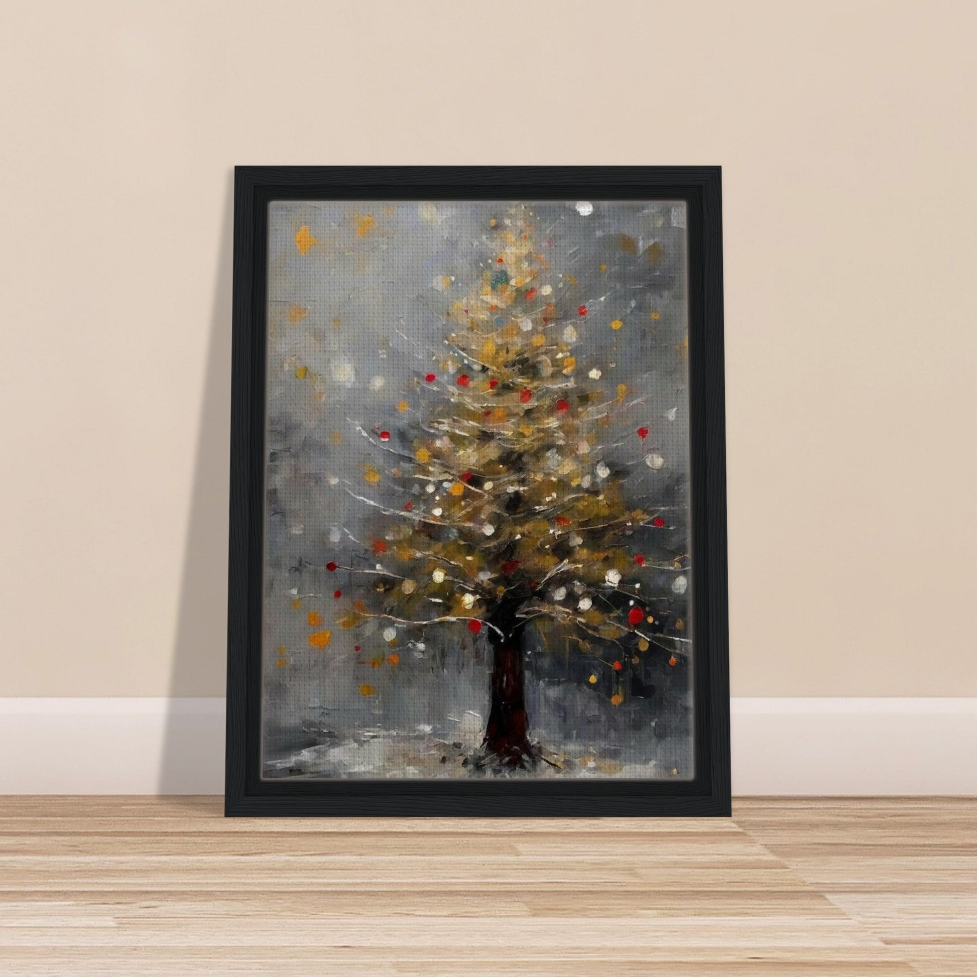 A serene painting of a Christmas tree glowing with golden and red lights, set against a misty gray background and a snowy base.