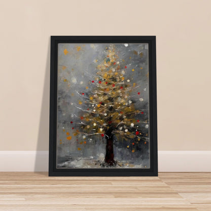 A serene painting of a Christmas tree glowing with golden and red lights, set against a misty gray background and a snowy base.