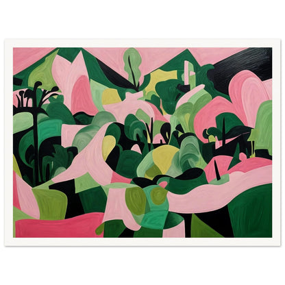 "An abstract painting filled with organic green and pink shapes, resembling a vibrant landscape of rolling hills and trees in a surreal, geometric style."