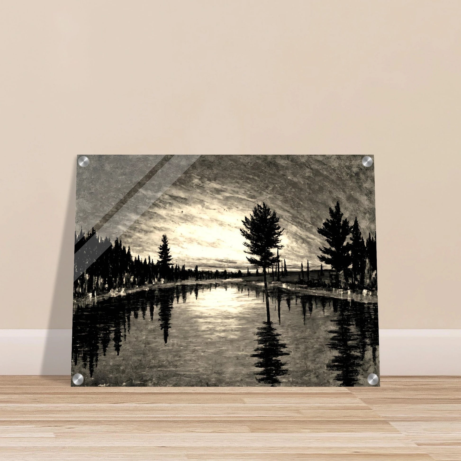 A serene black and white landscape of tall trees reflected in a still river beneath a dimly lit, textured evening sky.