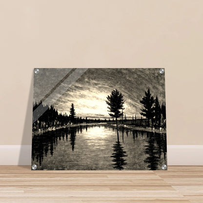 A serene black and white landscape of tall trees reflected in a still river beneath a dimly lit, textured evening sky.