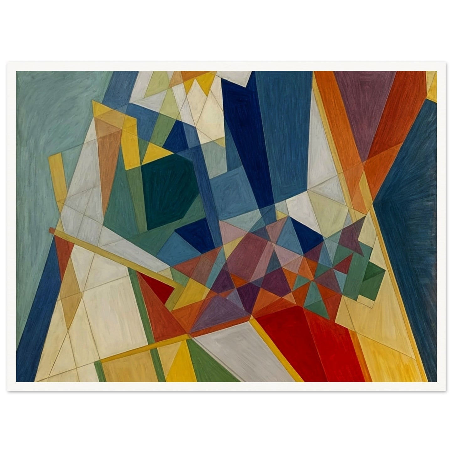 An abstract painting showcasing intersecting geometric shapes in vibrant colors, creating a harmonious and dynamic composition.