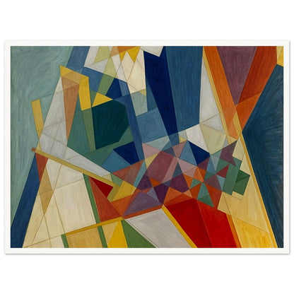 An abstract painting showcasing intersecting geometric shapes in vibrant colors, creating a harmonious and dynamic composition.