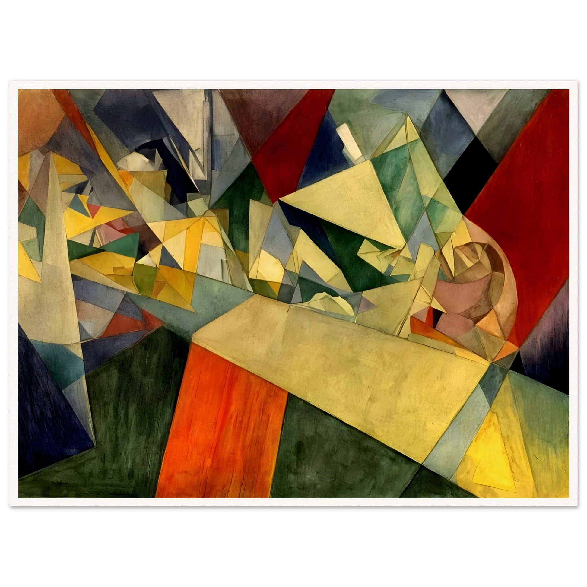 An abstract composition of interlocking geometric shapes in shades of yellow, green, red, and blue, creating a fragmented, dynamic perspective.