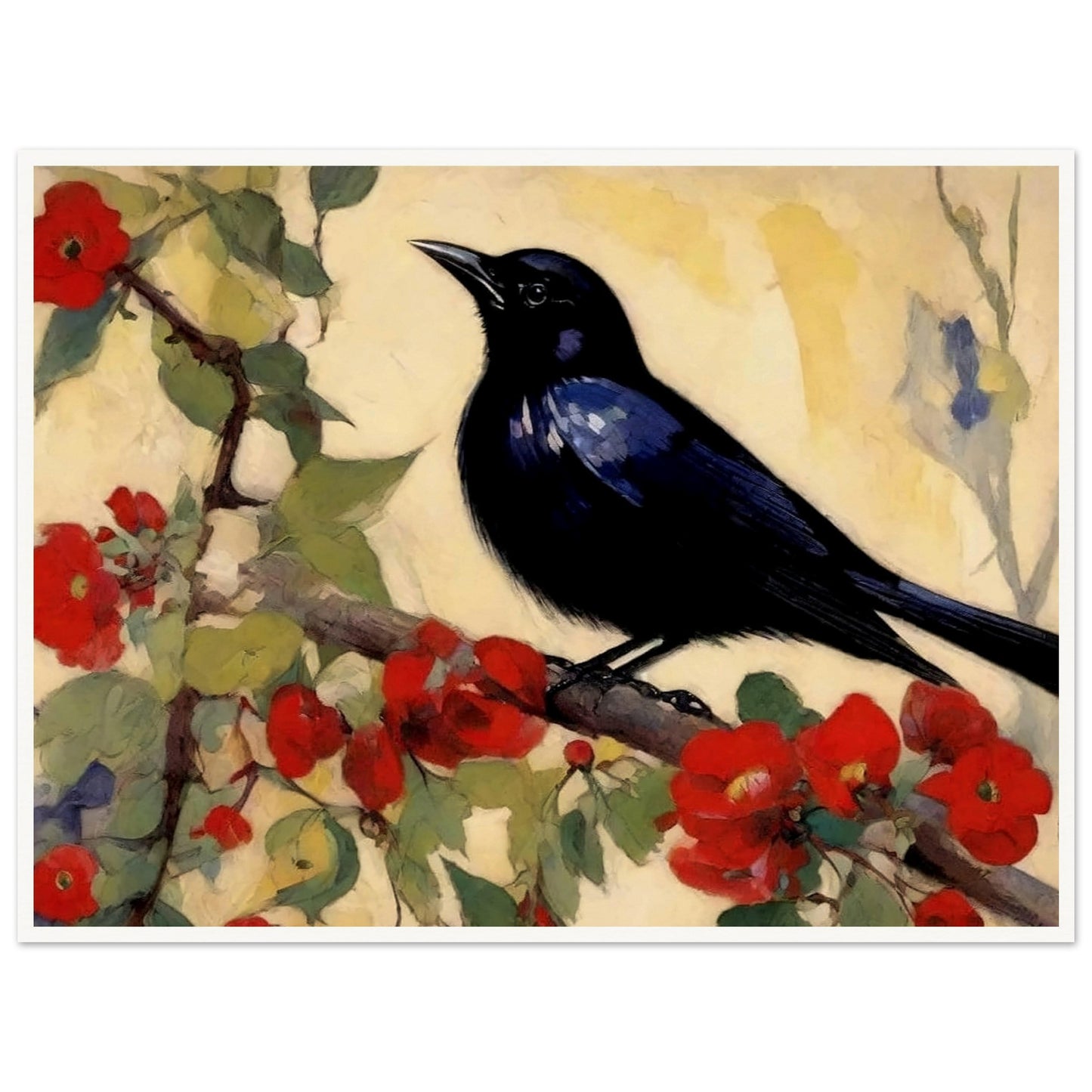 "A striking painting of a blackbird perched on a branch with vibrant red blossoms and green leaves, set against a soft, light background."