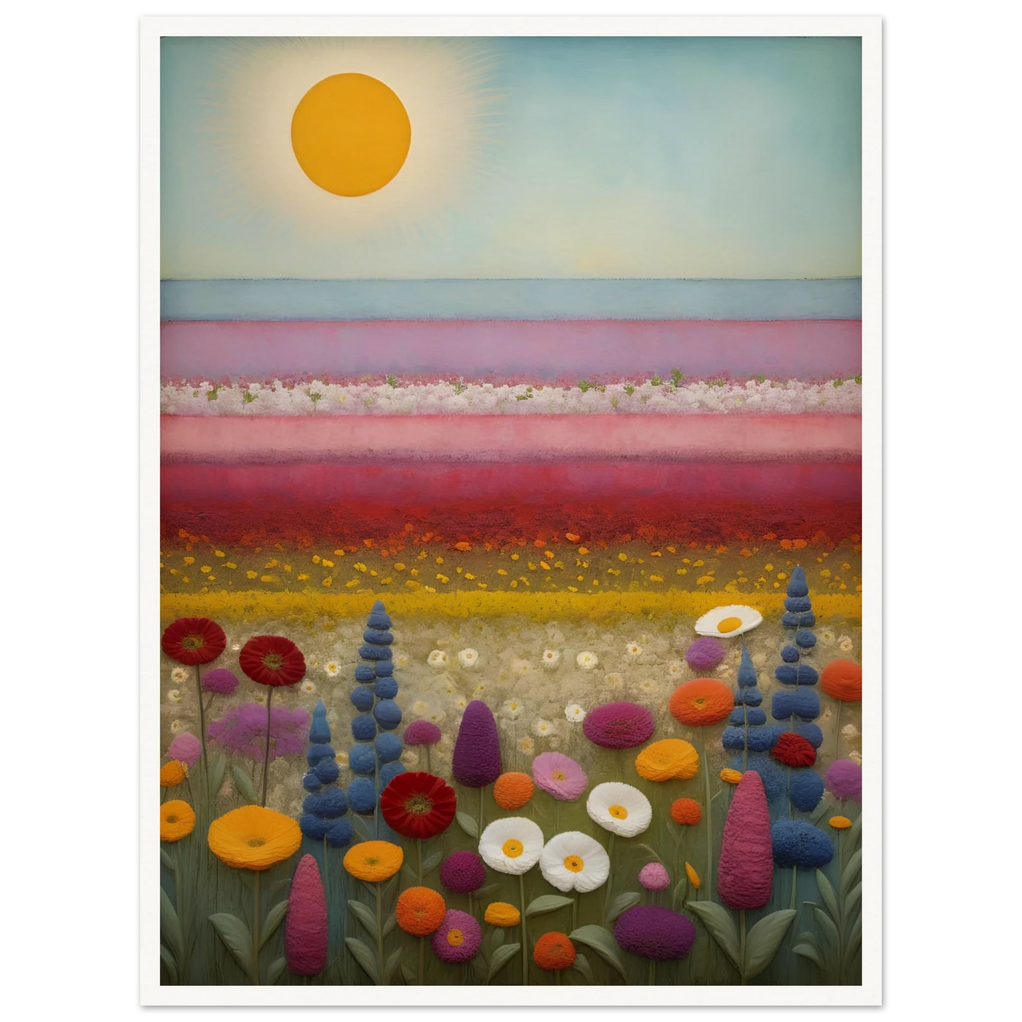 A vibrant field of multicolored flowers stretches under a golden sun, with pastel pink and purple layers blending into the horizon.