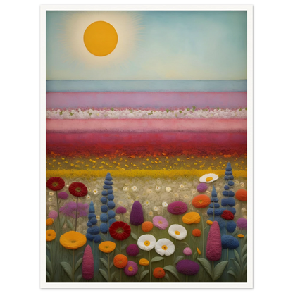 A vibrant field of multicolored flowers stretches under a golden sun, with pastel pink and purple layers blending into the horizon.