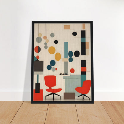 A modern artwork featuring red chairs, abstract geometric shapes, and muted tones of teal, beige, and black, evoking mid-century modern design.