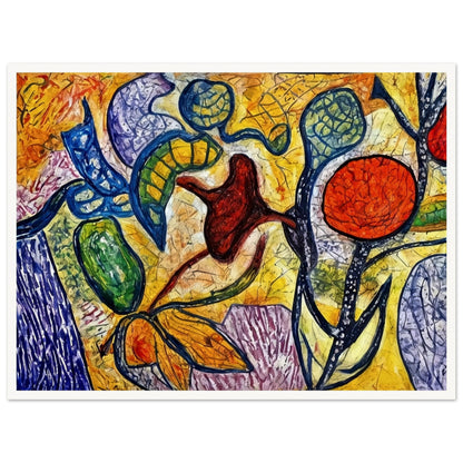 A colorful abstract painting featuring bold outlines of plants, fruits, and leaves in vibrant reds, yellows, blues, and greens