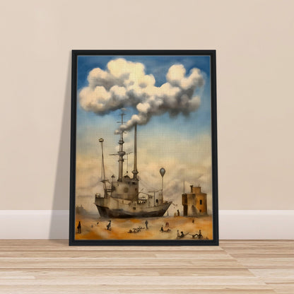 A surreal painting of a ship stranded in a desert, with smokestacks blending into massive, fluffy clouds, as small figures wander the sandy landscape beneath a dreamy sky.