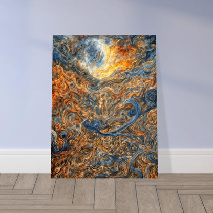 A mesmerizing depiction of swirling cosmic patterns with fiery orange, cool blue, and earthy brown tones, evoking celestial energy.