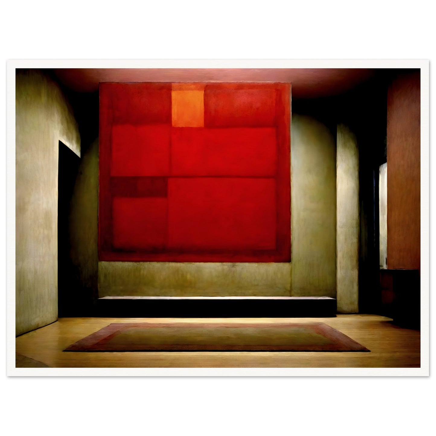 A moody interior featuring a large red abstract painting suspended in a dimly lit space, with soft shadows and warm earthy tones creating a contemplative atmosphere.