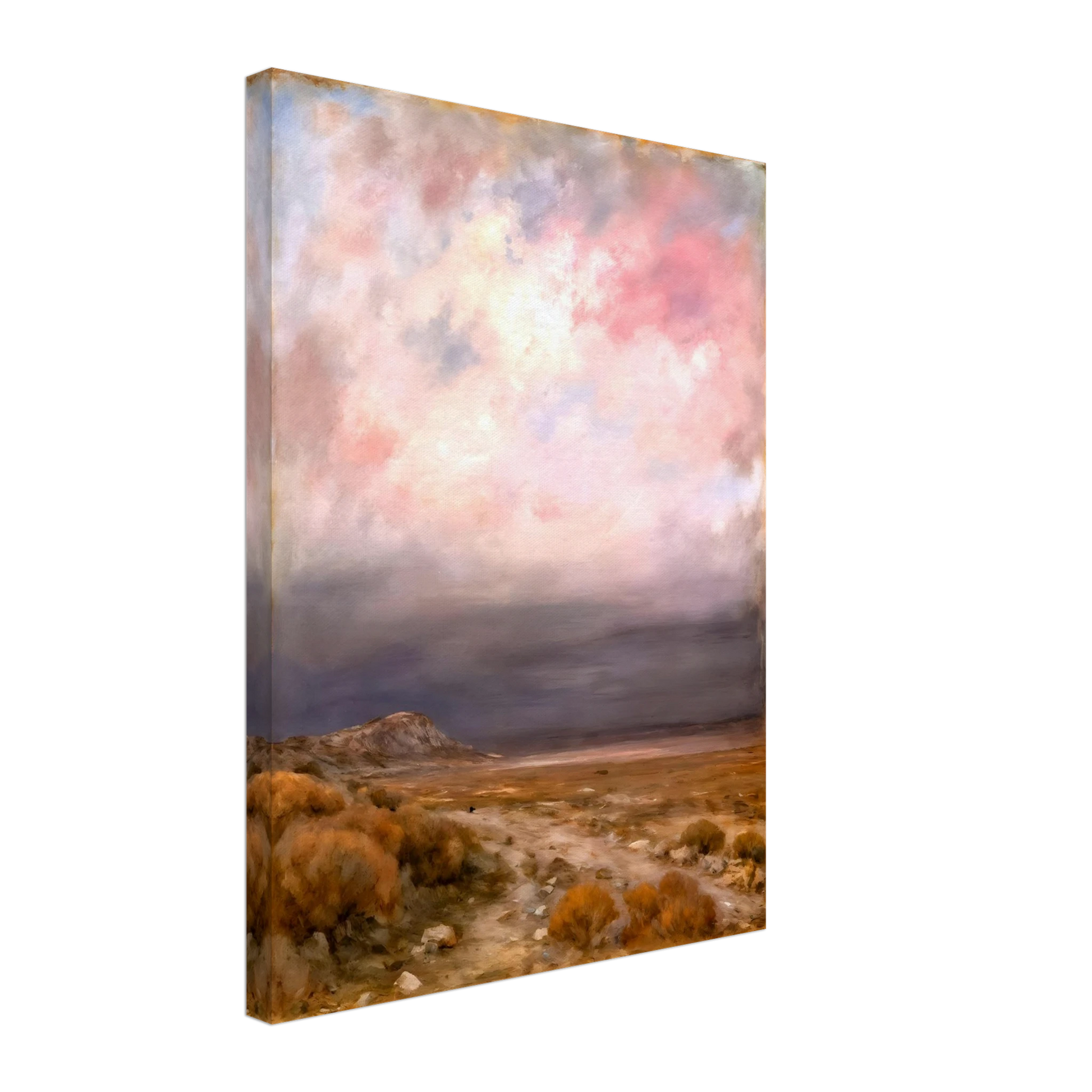 A dreamy desert landscape beneath soft pink and lavender clouds, with golden brush, distant hills, and a tranquil open horizon.