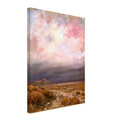 A dreamy desert landscape beneath soft pink and lavender clouds, with golden brush, distant hills, and a tranquil open horizon.