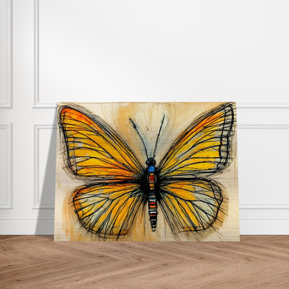 A striking illustration of a butterfly with bold black outlines and golden-yellow wings, detailed with subtle orange and blue accents, evoking transformation.