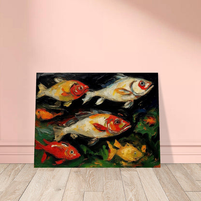 A vibrant painting of multiple colorful fish swimming in a dark aquatic environment, showcasing dynamic brushstrokes and rich hues.