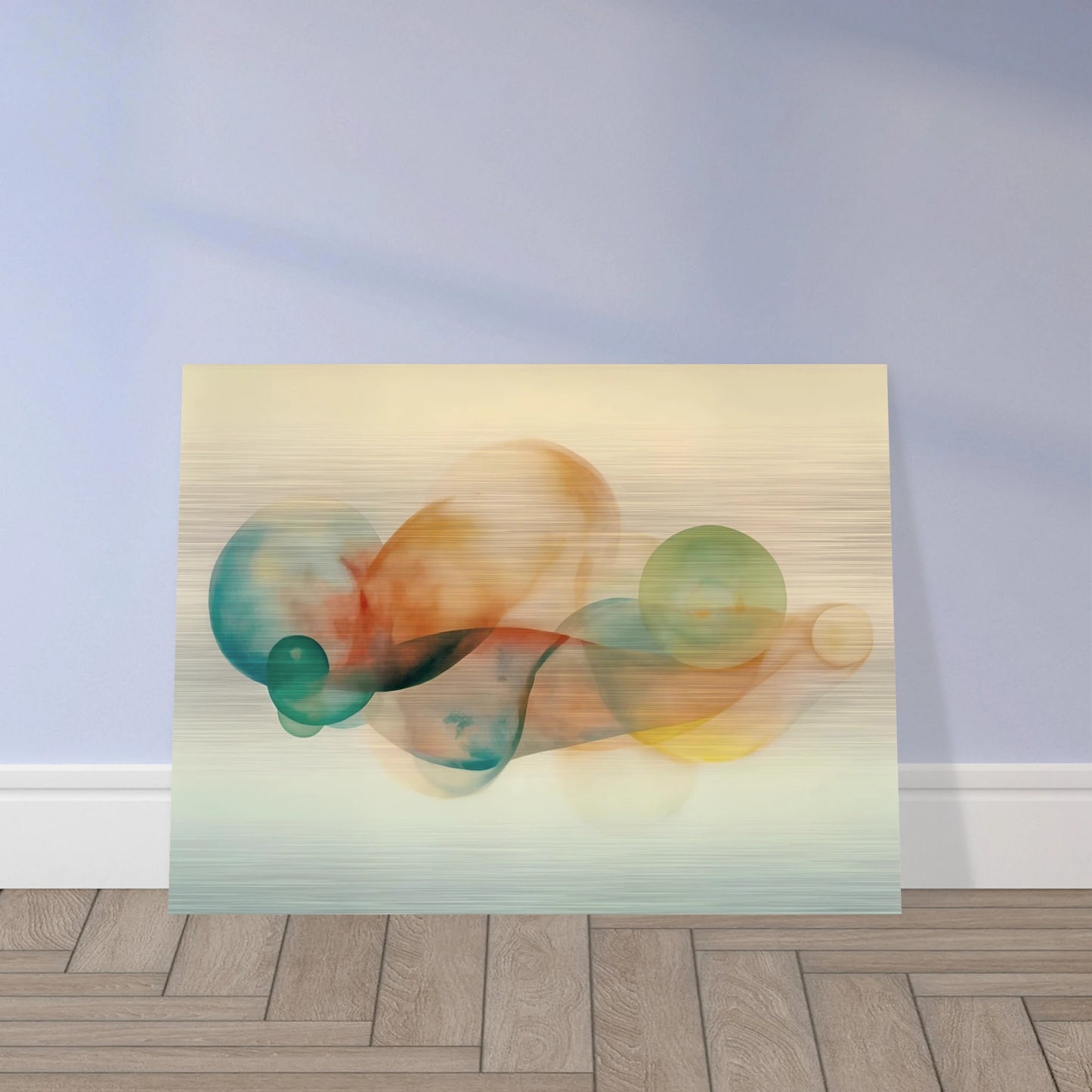 Translucent pastel spheres and flowing organic shapes overlap in airy layers of teal, peach, gold, and mist on a serene light backdrop.