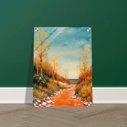 A vivid autumn trail lined with golden trees leads to a calm blue horizon, blending warmth, peace, and gentle adventure.