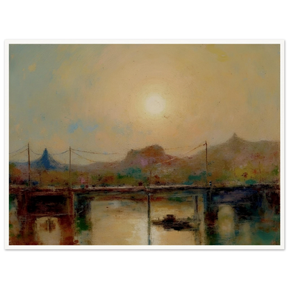 Hazy sunrise over a quiet bridge and river, with distant hills and muted pastel tones reflecting on the water.