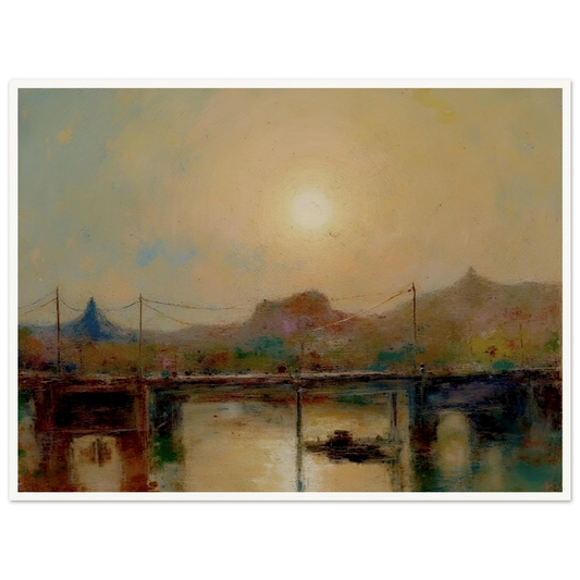 Hazy sunrise over a quiet bridge and river, with distant hills and muted pastel tones reflecting on the water.