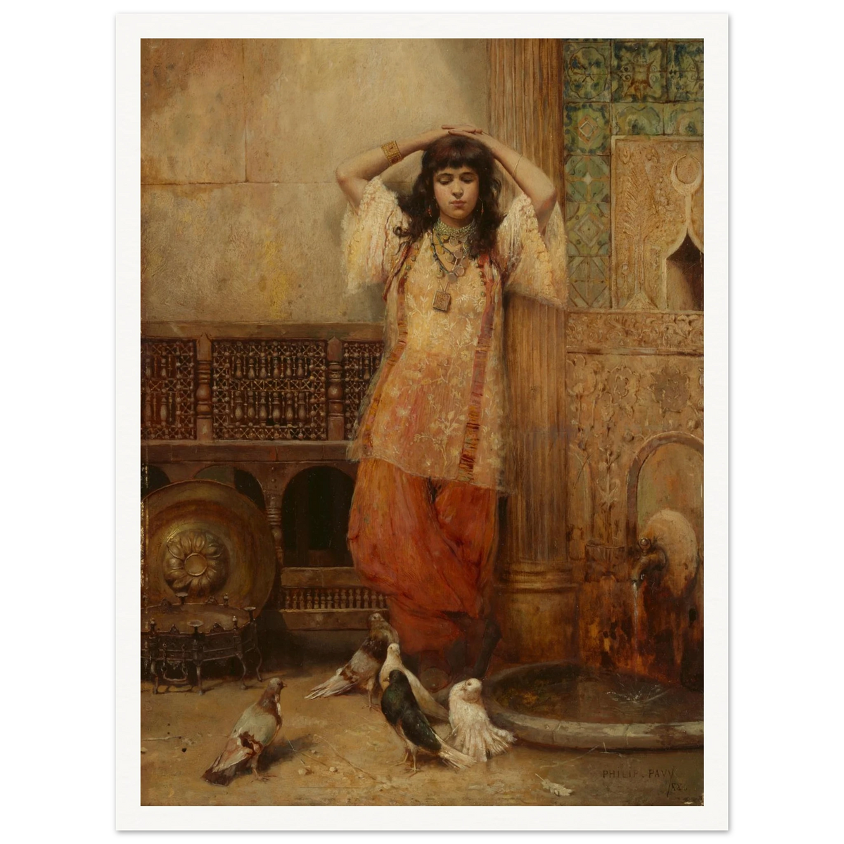 A young woman stands beside an ornate courtyard fountain with pigeons gathered at her feet.