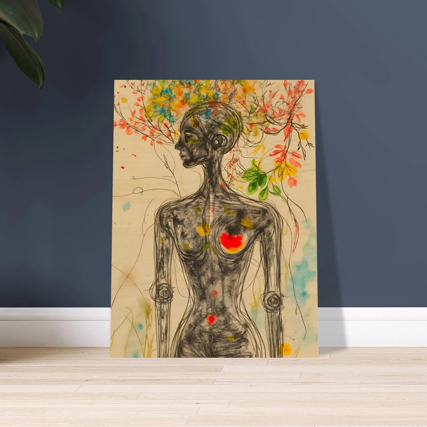 A sketched feminine figure with blooming branches and flowers rising from her head, accented by vivid splashes of color and a glowing heart.
