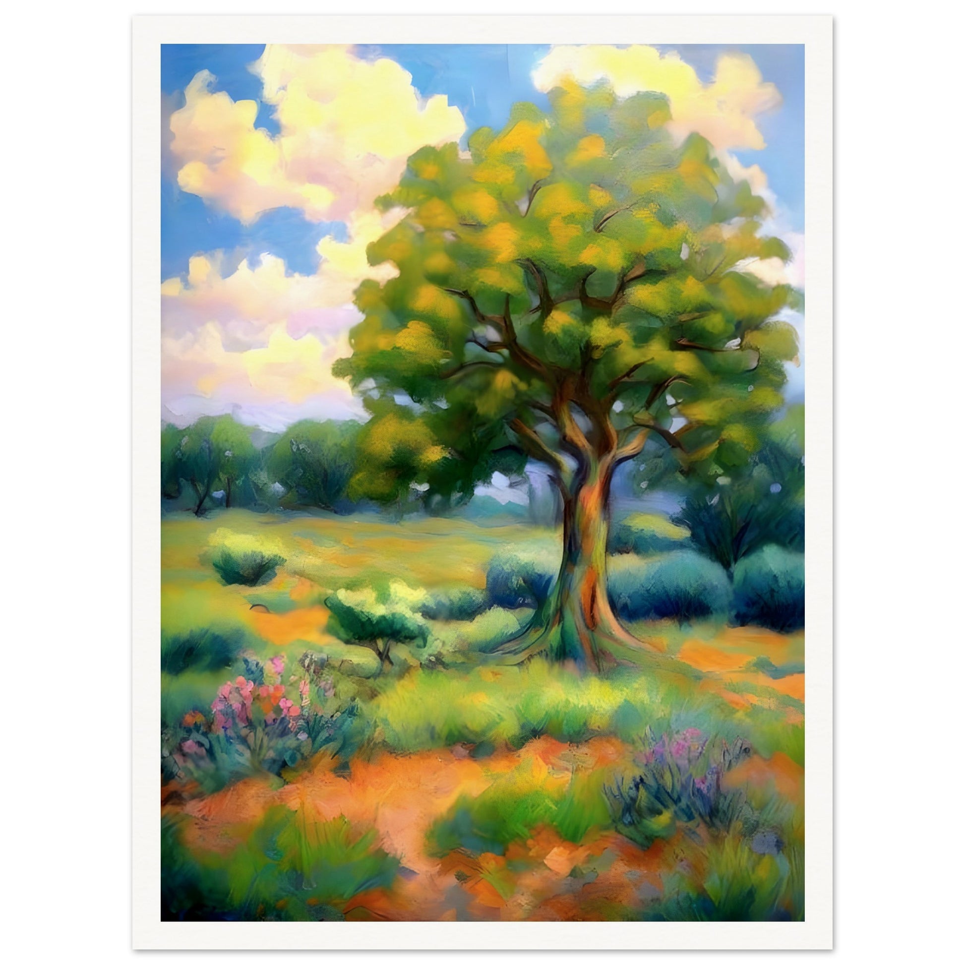 A lush, vibrant landscape featuring a majestic tree with golden-green leaves standing in a sunlit meadow, surrounded by wildflowers and rolling hills under a bright sky.