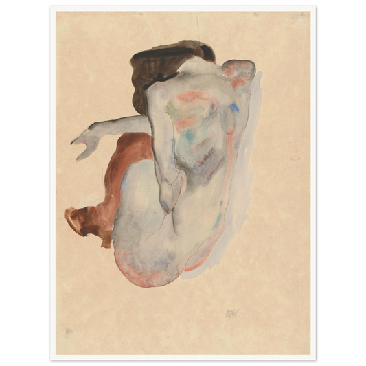 Expressive crouching figure in shoes and black stockings, shown from the back