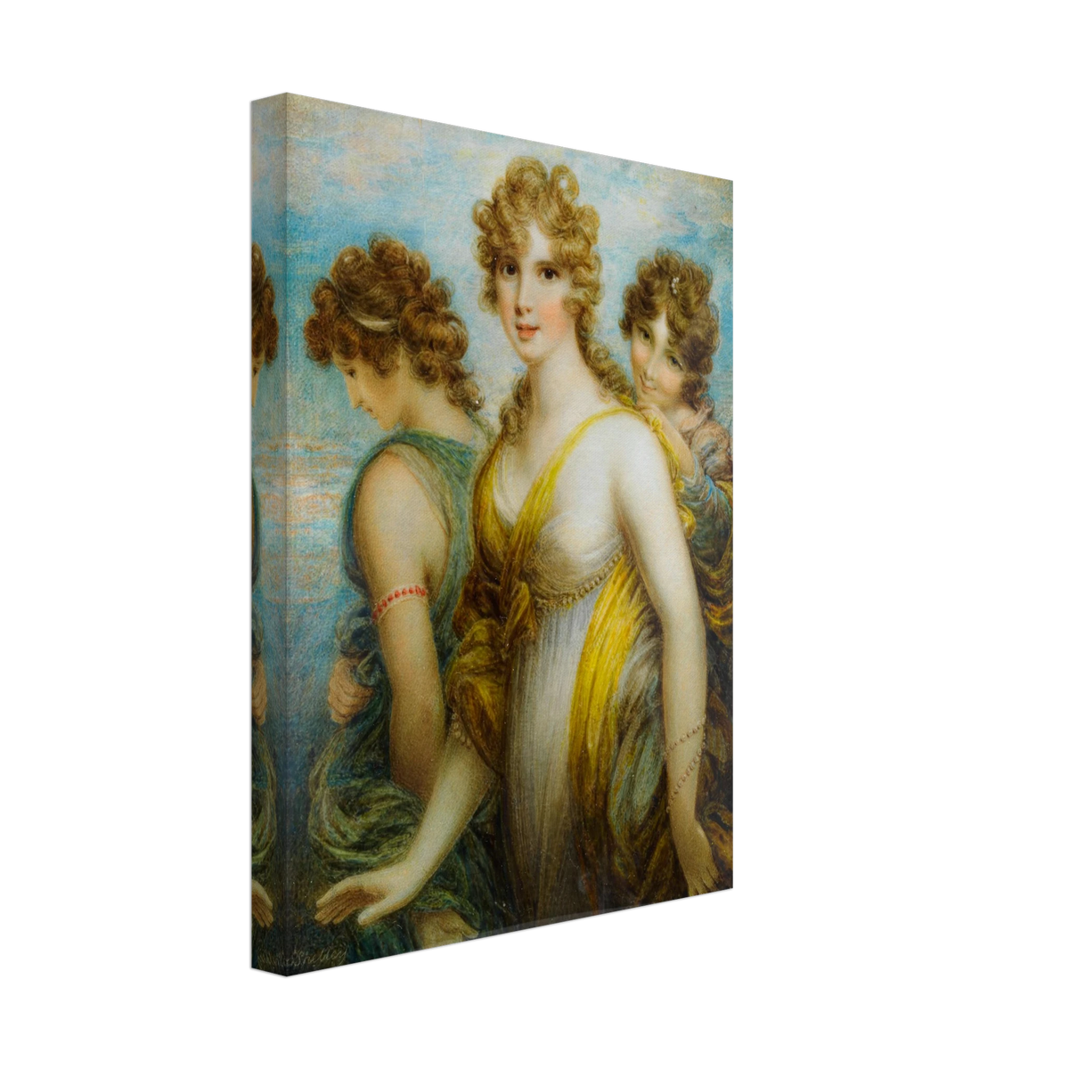 Three classical women in flowing drapery pose together against a soft blue sky.