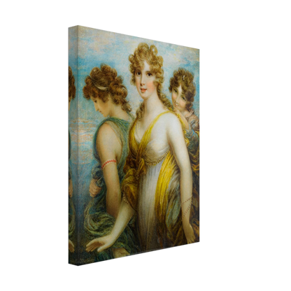 Three classical women in flowing drapery pose together against a soft blue sky.
