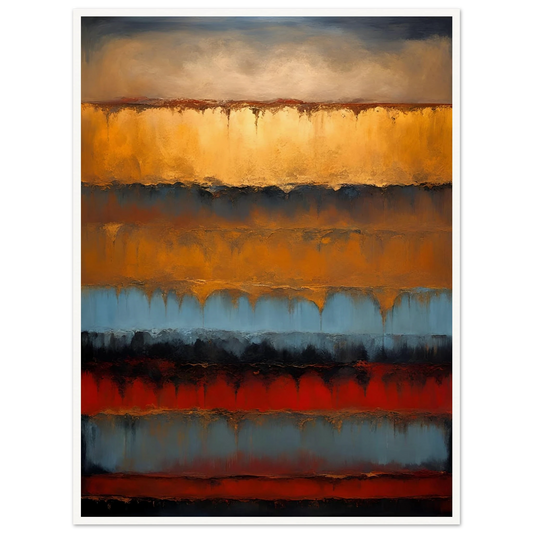 Rich bands of gold, rust, blue, and black flow like sediment layers in a moody, textured expression of earth and time.