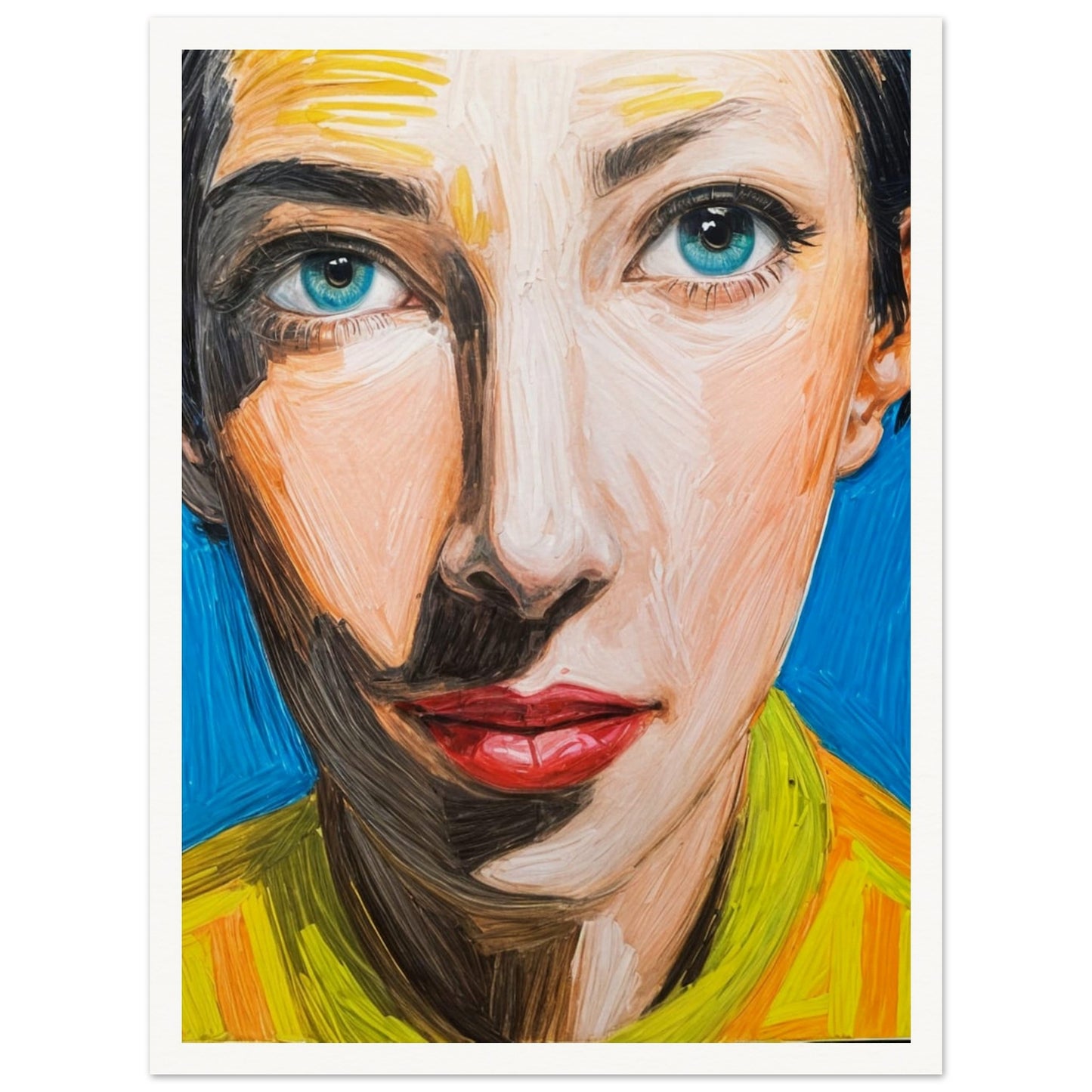 A striking portrait of a woman with blue eyes and red lips, painted in bold strokes with vibrant yellow, orange, and blue hues.