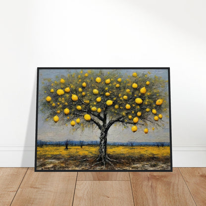 Vivid painting of a lemon tree filled with golden yellow fruits, standing in a sunlit yellow field with a serene blue horizon.