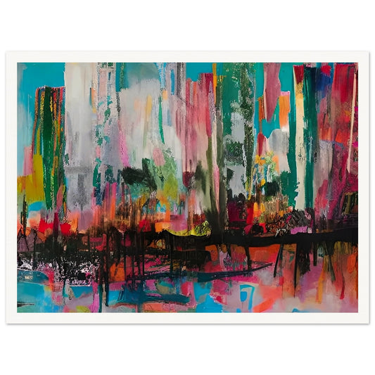 A vibrant cityscape with bold, abstract strokes of color, including teal, pink, red, and orange, creating a dynamic and energetic atmosphere.