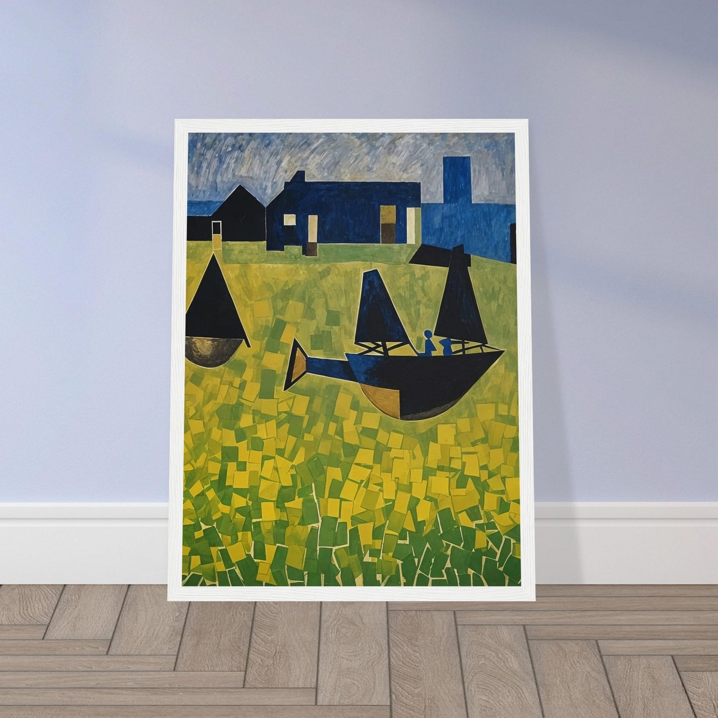 A vibrant abstract painting featuring stylized boats with dark sails floating on a sea of yellow and green geometric patterns, set against a backdrop of blue houses and a tower under a textured sky.